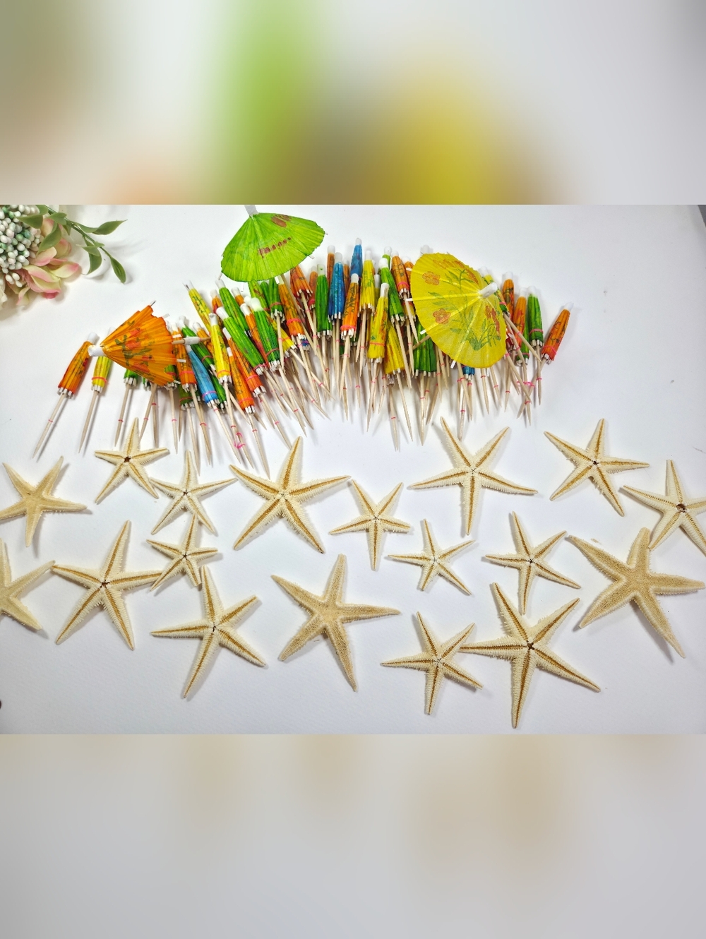 Tropical Cocktail Picks with Mini Paper Umbrellas and Natural Starfish Accents